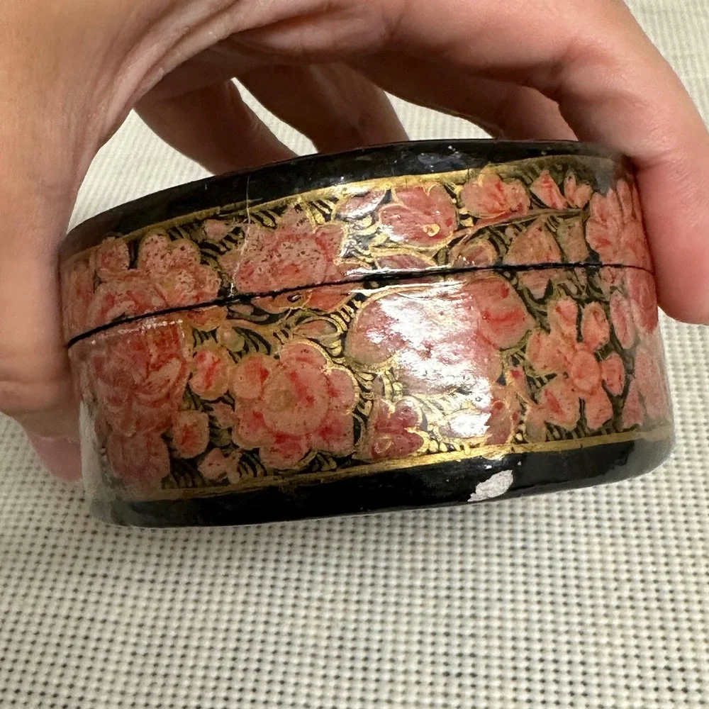 Vintage Tear Drop Shaped Paper Mache Box Hand Painted Florals Trinket Jewelry